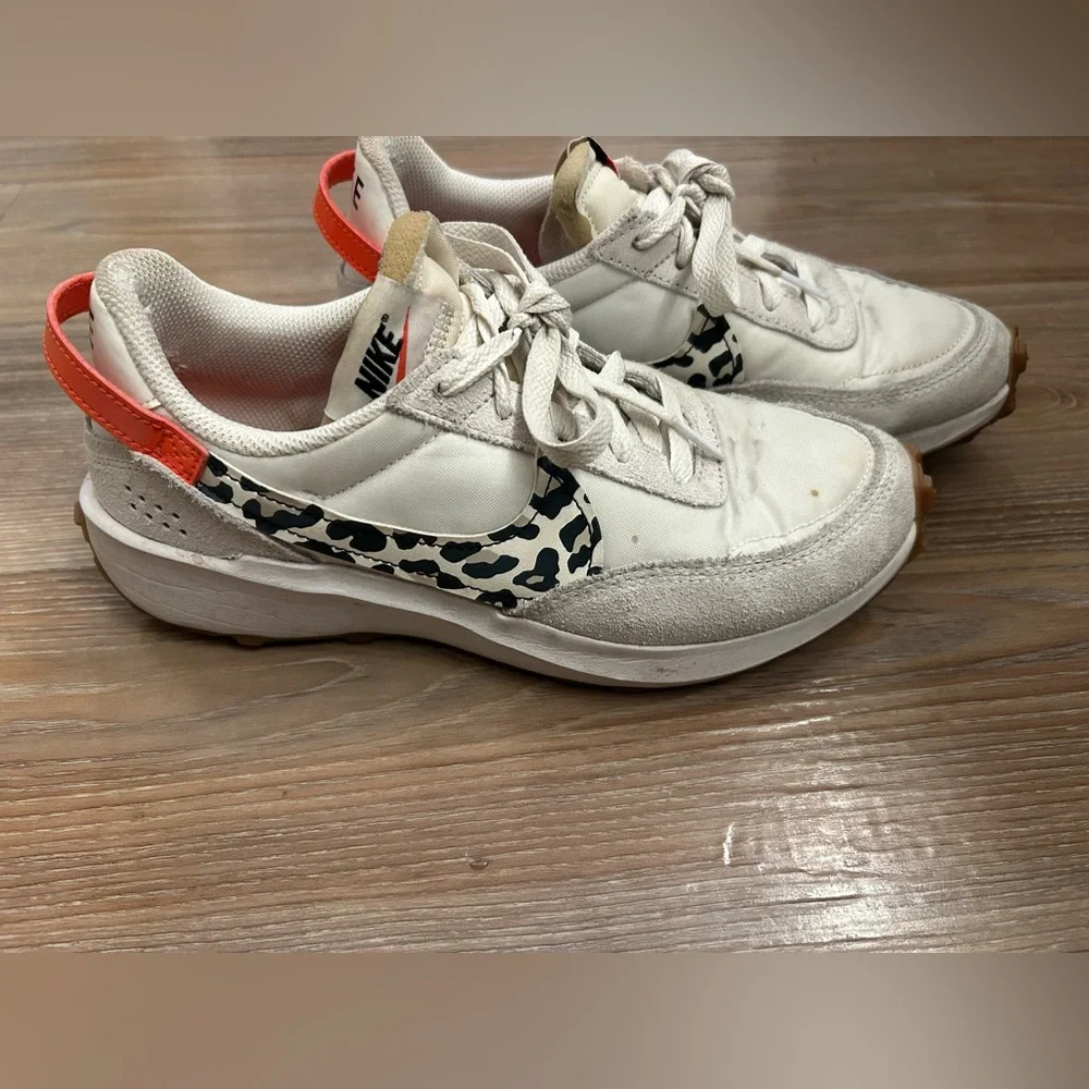 Nike Women's White Sneakers with Black Leopard Swoosh and Coral Heel Tab